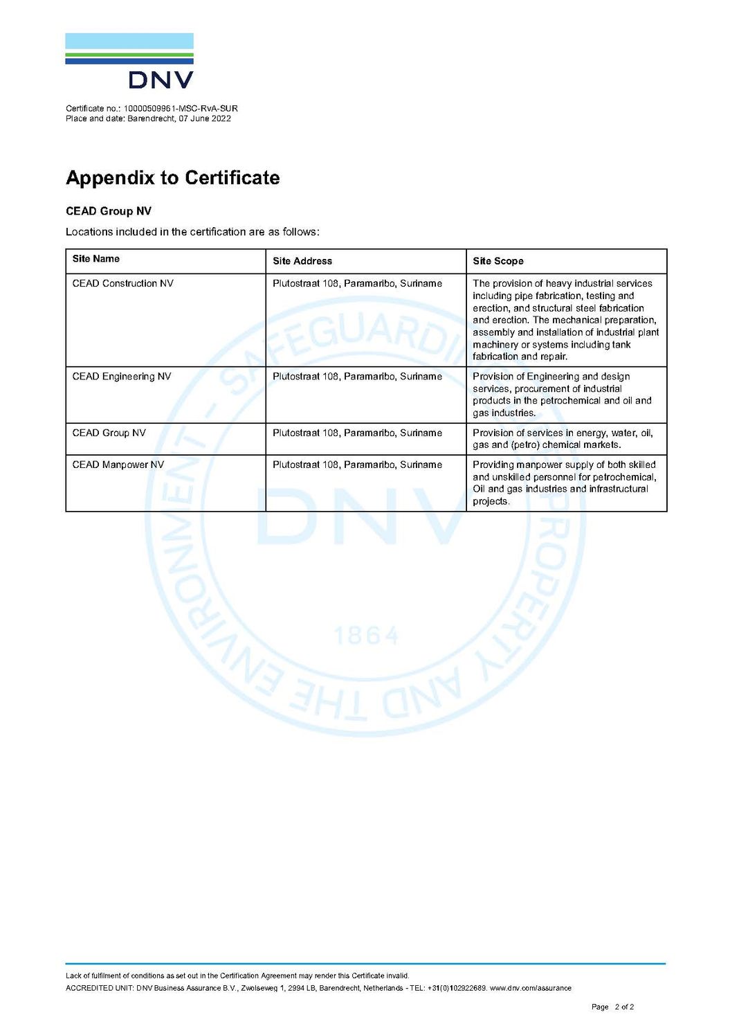 Quality certificate