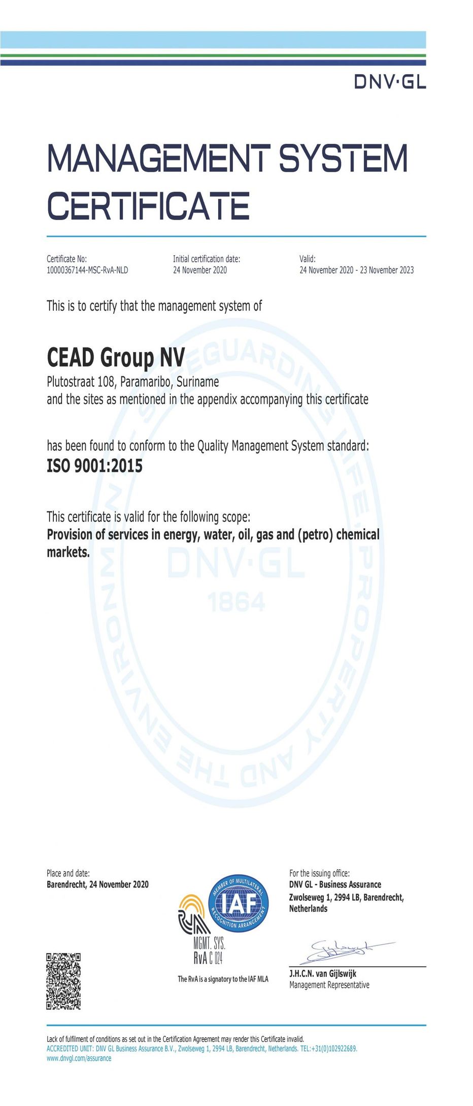 Quality certificate