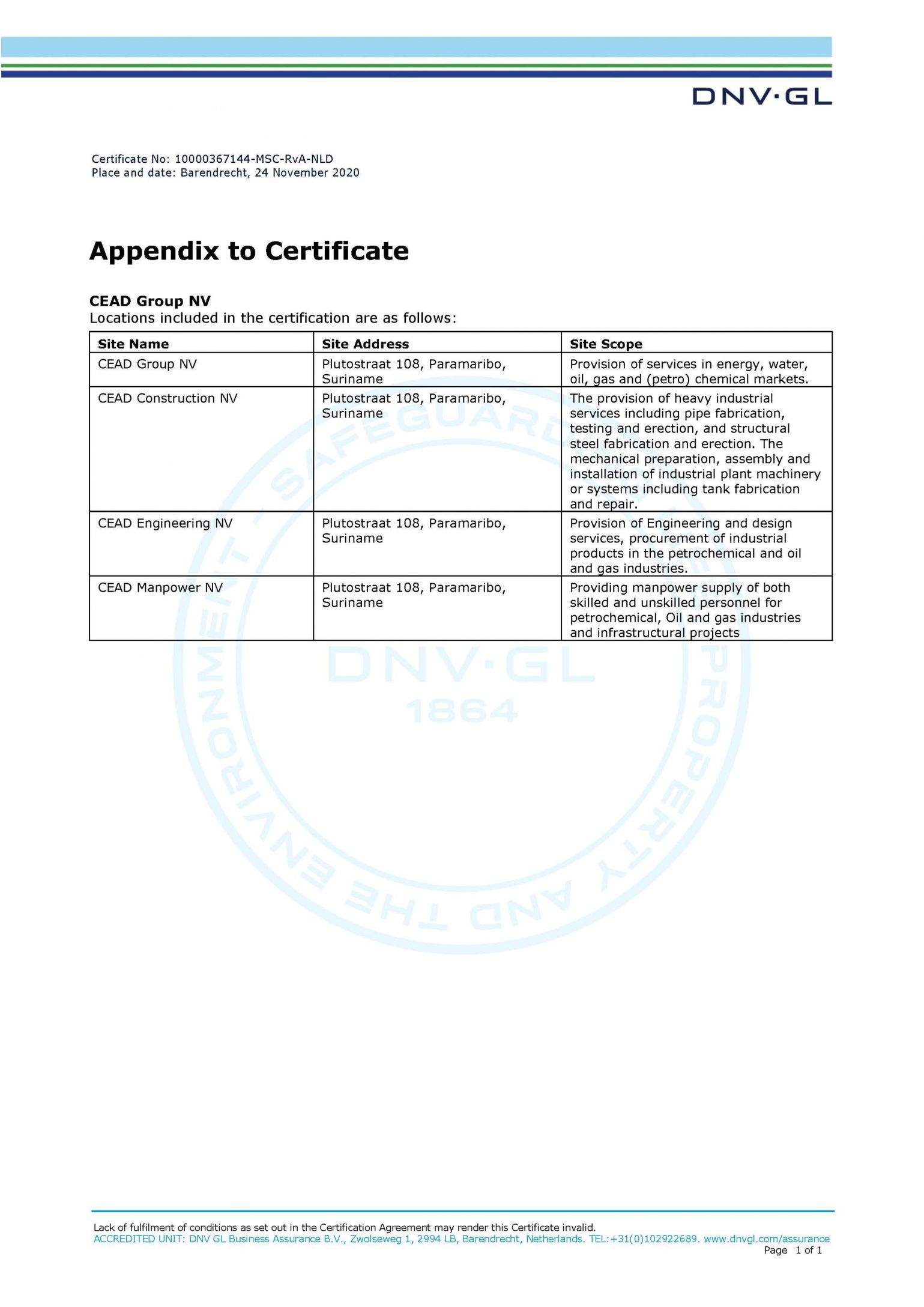 Quality certificate