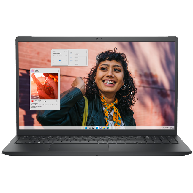 A Dell Inspiron 15.6-inch laptop with the screen on, showing a person smiling.
